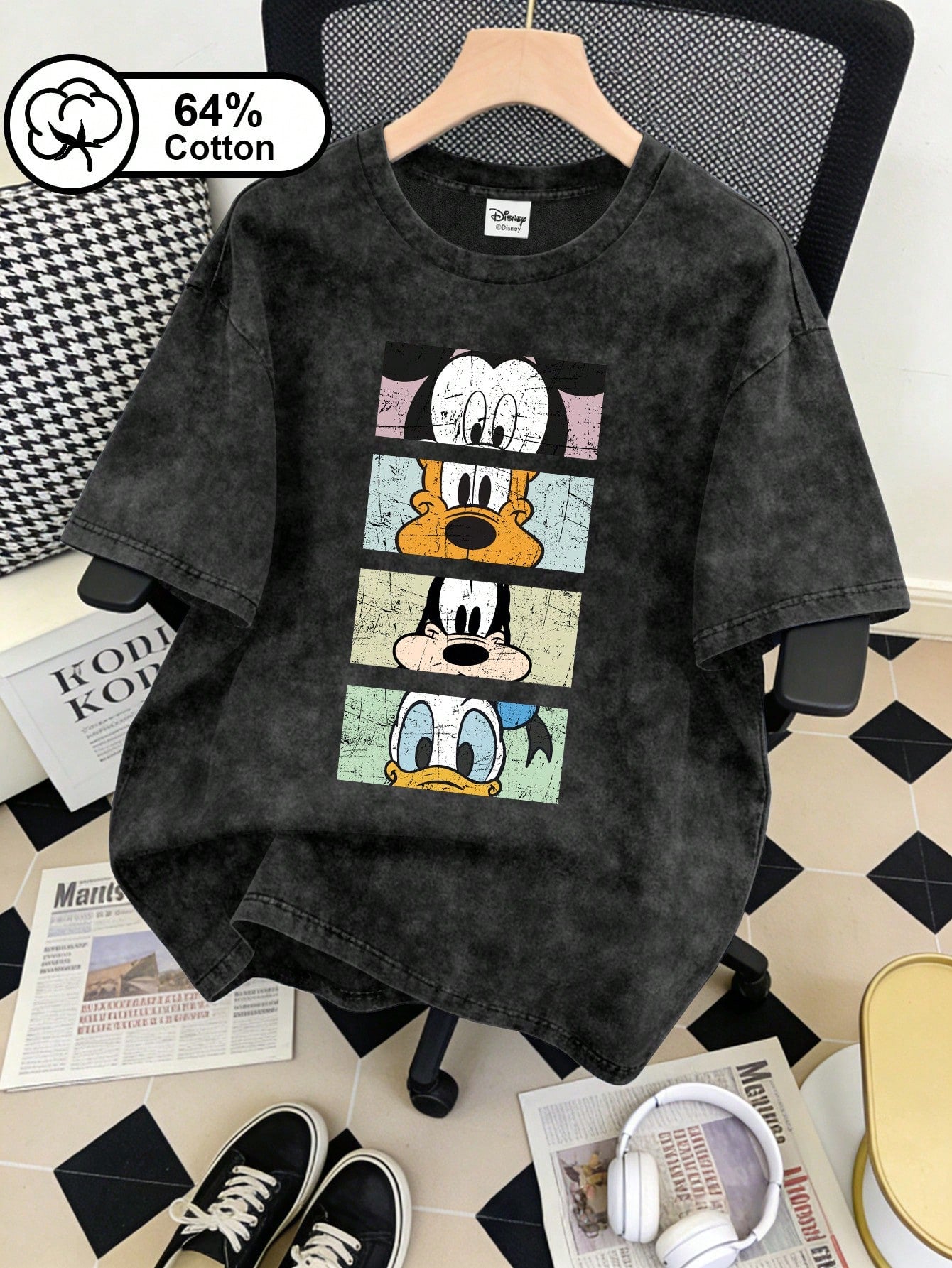 Disney Women's T-Shirt, Retro Mickey And His Friends Head Print, Retro Snowflake Washed Short-Sleeved T-Shirt, Women's Summer Top Casual Black, Vintage Look