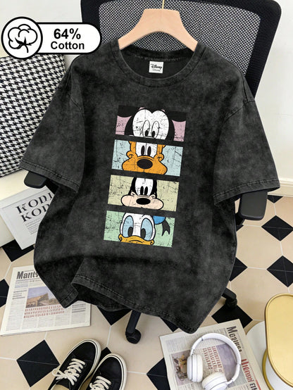 Disney Women's T-Shirt, Retro Mickey And His Friends Head Print, Retro Snowflake Washed Short-Sleeved T-Shirt, Women's Summer Top Casual Black, Vintage Look