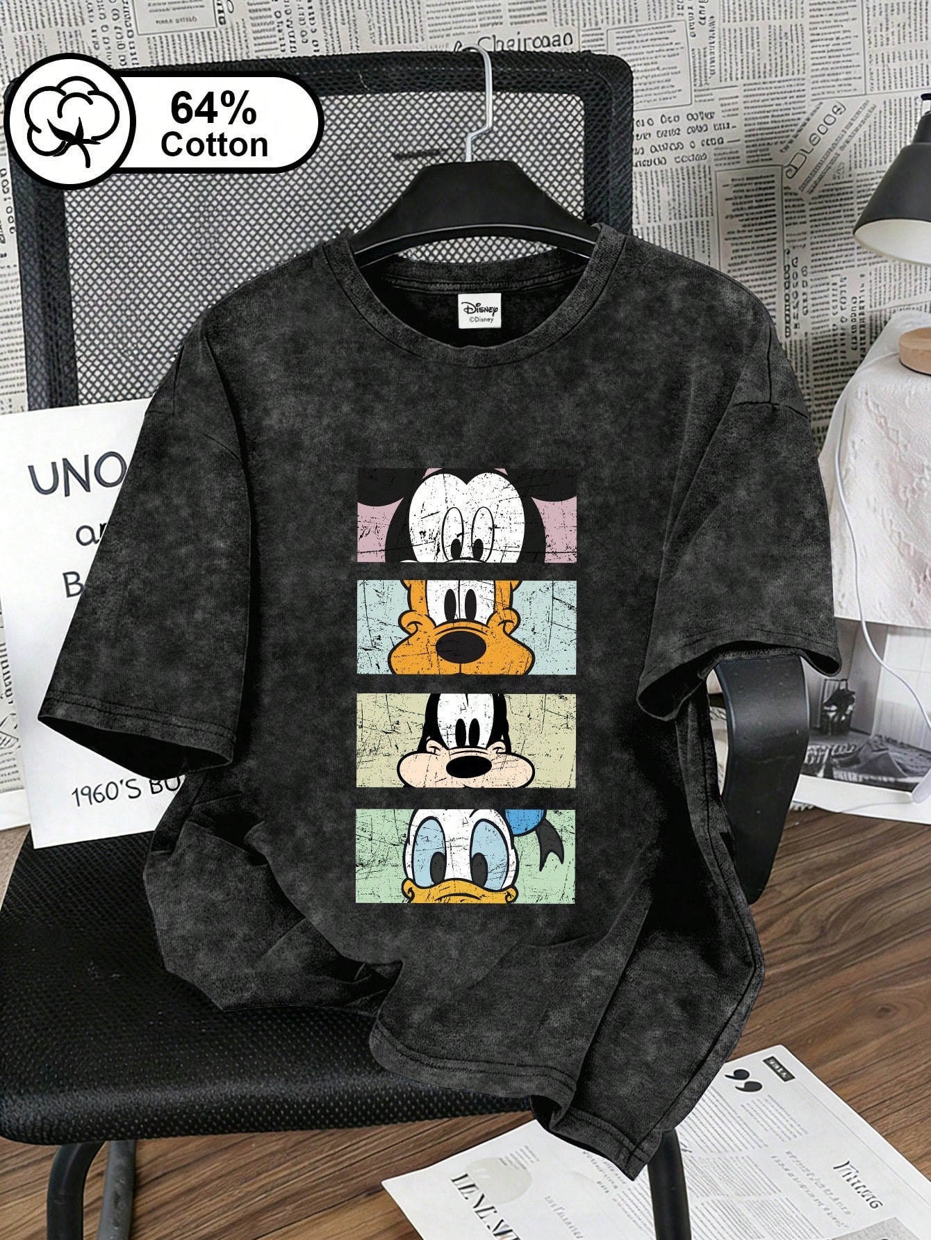 Disney Women's T-Shirt, Retro Mickey And His Friends Head Print, Retro Snowflake Washed Short-Sleeved T-Shirt, Women's Summer Top Casual Black, Vintage Look