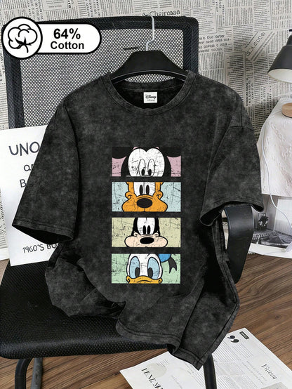 Disney Women's T-Shirt, Retro Mickey And His Friends Head Print, Retro Snowflake Washed Short-Sleeved T-Shirt, Women's Summer Top Casual Black, Vintage Look