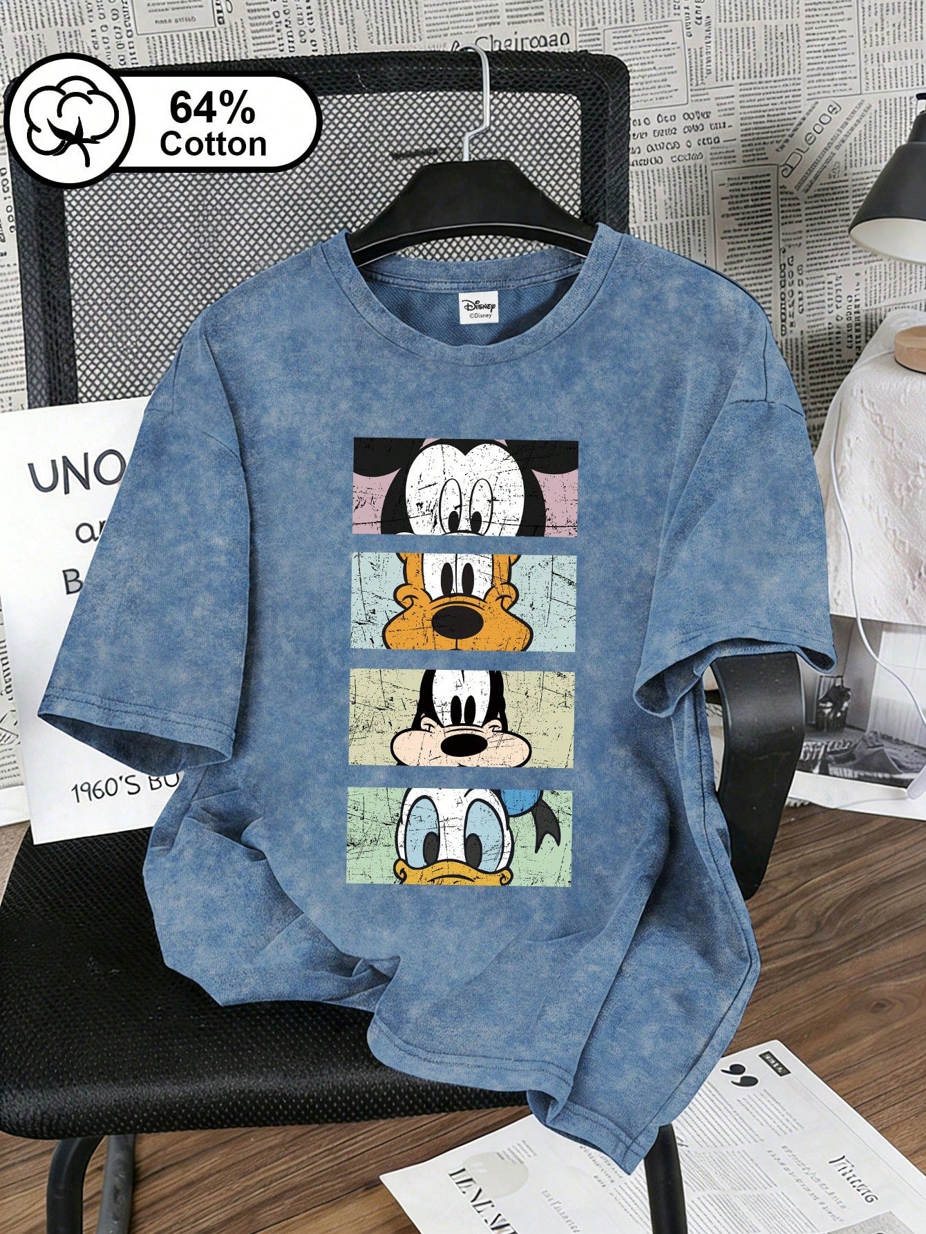 Disney Women's T-Shirt, Retro Mickey And His Friends Head Print, Retro Snowflake Washed Short-Sleeved T-Shirt, Women's Summer Top Casual Black, Vintage Look