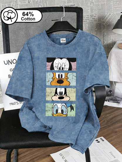 Disney Women's T-Shirt, Retro Mickey And His Friends Head Print, Retro Snowflake Washed Short-Sleeved T-Shirt, Women's Summer Top Casual Black, Vintage Look