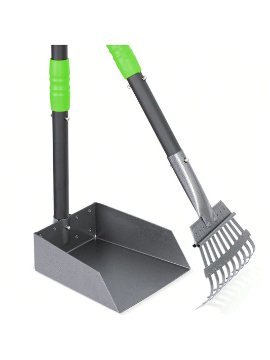 Dog Pooper Scooper, Dog Poop Tray And Rake Set, Pet Waste Removal Scoop With Long Adjustable Sectional Stainless Handles