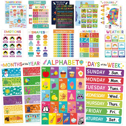 DORESS 20 Laminated Educational Posters For Kids, ABC Alphabet Numbers Learning Wall Charts For Preschool Pre-K Kindergarten Classroom Homeschool Supplies