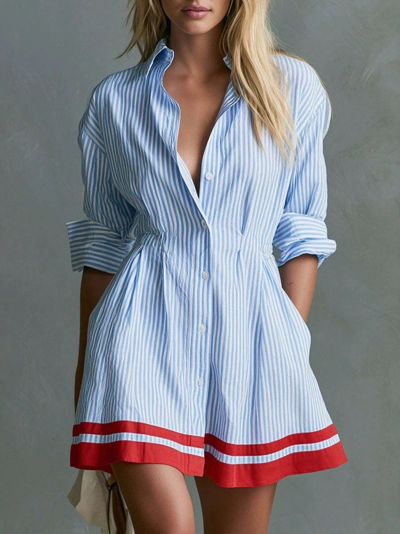 Dresses For Women Party Striped Elastic Waist Shirt Dress Blue White With Red Hem Trim Long Sleeve Waisted Mini Dress Preppy Style Casual Daily Outfit