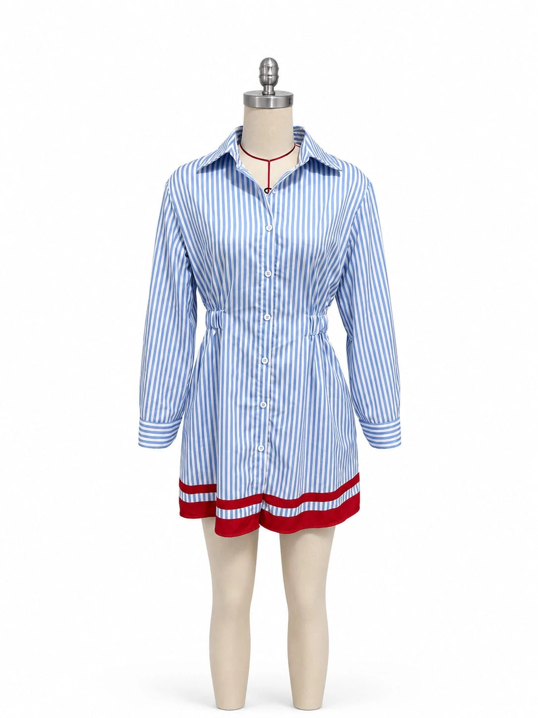 Dresses For Women Party Striped Elastic Waist Shirt Dress Blue White With Red Hem Trim Long Sleeve Waisted Mini Dress Preppy Style Casual Daily Outfit