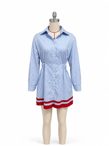 Dresses For Women Party Striped Elastic Waist Shirt Dress Blue White With Red Hem Trim Long Sleeve Waisted Mini Dress Preppy Style Casual Daily Outfit