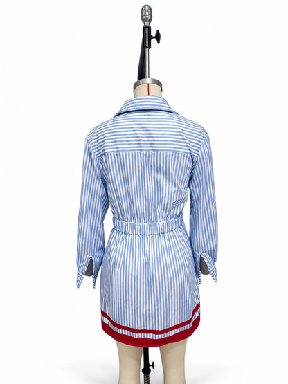 Dresses For Women Party Striped Elastic Waist Shirt Dress Blue White With Red Hem Trim Long Sleeve Waisted Mini Dress Preppy Style Casual Daily Outfit