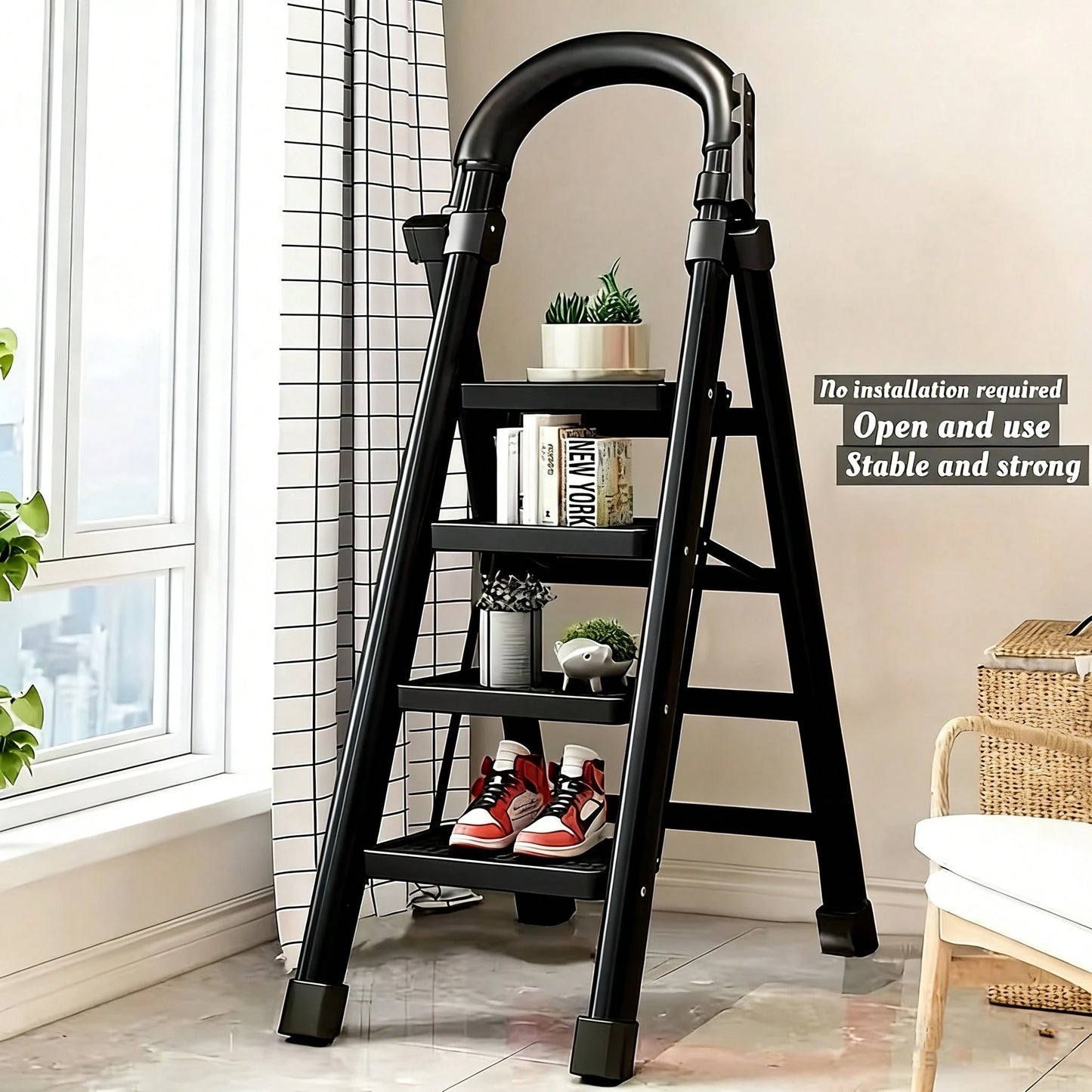 Durable 4-Step Metal Folding Ladder With Non-Slip Treads Lightweight, Portable, And Rated For 330 Lbs; Ideal For Home, Office, And Industrial Use