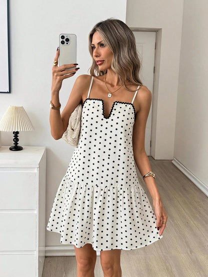 Easowa Contrast Trim Square Neck Ruffle Hem A-Line Doll Dress Spaghetti Strap White And Black Polka Dot 1950s Vintage French Cute Summer Vacation