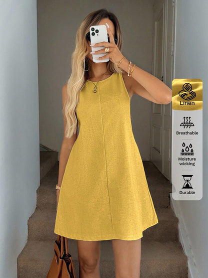 Easowa Women's Casual Linen Sleeveless A-Line Dress With Quilted Pockets, Elegant Vacation Outfit Outfits Woman Old Money Style,Summer Loose Yellow