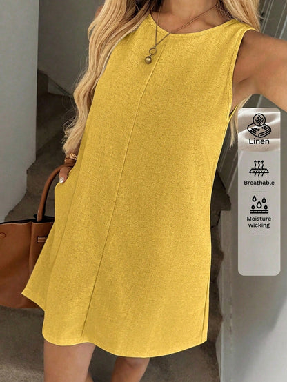 Easowa Women's Casual Linen Sleeveless A-Line Dress With Quilted Pockets, Elegant Vacation Outfit Outfits Woman Old Money Style,Summer Loose Yellow