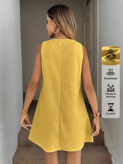 Easowa Women's Casual Linen Sleeveless A-Line Dress With Quilted Pockets, Elegant Vacation Outfit Outfits Woman Old Money Style,Summer Loose Yellow