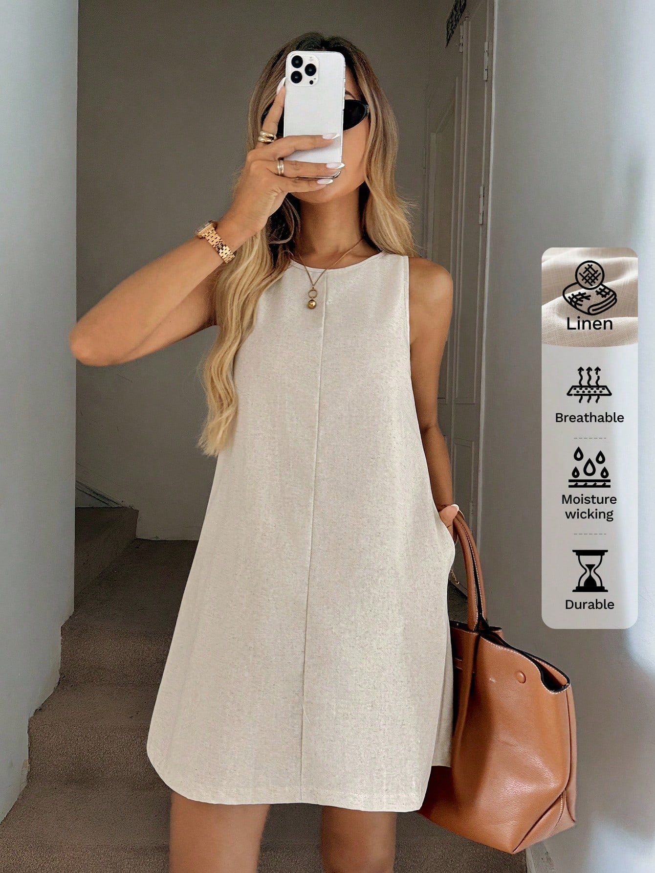 Easowa Women's Casual Linen Sleeveless A-Line Dress With Quilted Pockets, Elegant Vacation Outfit Outfits Woman Old Money Style,Summer Loose Yellow