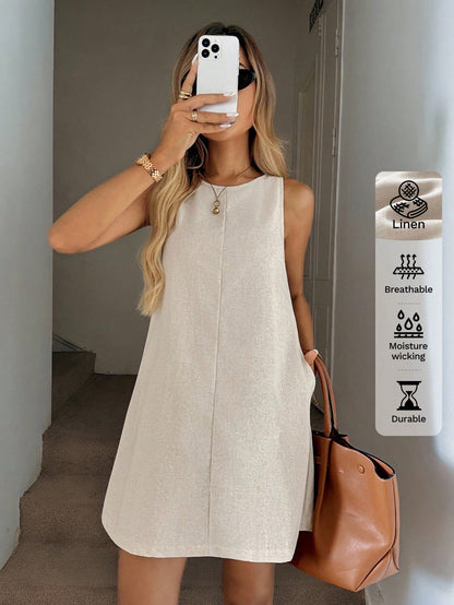 Easowa Women's Casual Linen Sleeveless A-Line Dress With Quilted Pockets, Elegant Vacation Outfit Outfits Woman Old Money Style,Summer Loose Yellow