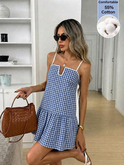 Easowa Women's Summer Casual Cute Plaid Spaghetti Strap Dress Cotton Is Comfortable Beach Vacation Back-To-School Blue And White Gingham