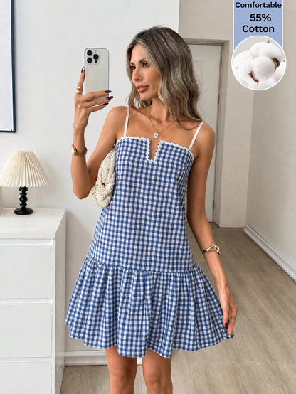 Easowa Women's Summer Casual Cute Plaid Spaghetti Strap Dress Cotton Is Comfortable Beach Vacation Back-To-School Blue And White Gingham