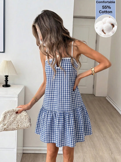Easowa Women's Summer Casual Cute Plaid Spaghetti Strap Dress Cotton Is Comfortable Beach Vacation Back-To-School Blue And White Gingham