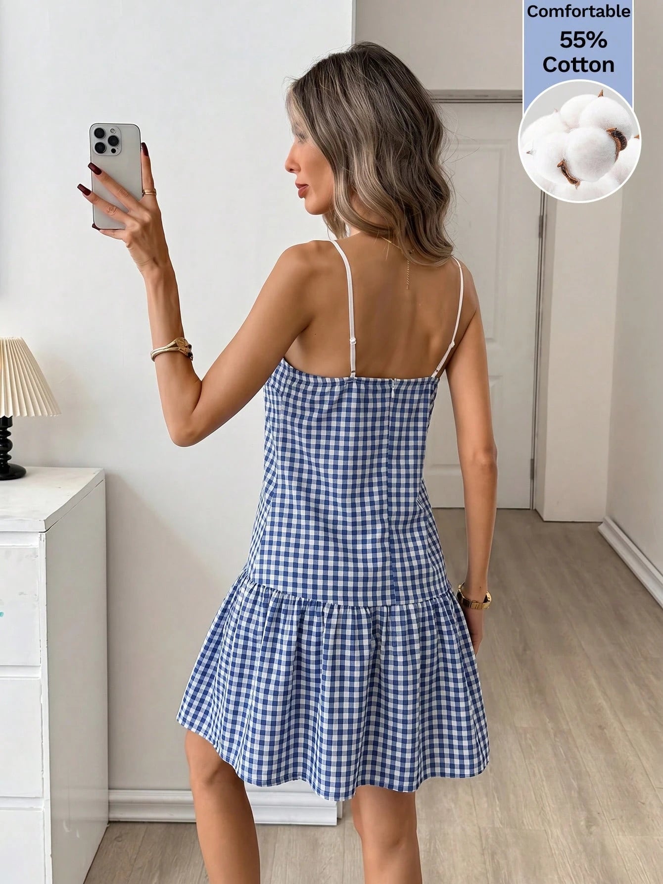 Easowa Women's Summer Casual Cute Plaid Spaghetti Strap Dress Cotton Is Comfortable Beach Vacation Back-To-School Blue And White Gingham