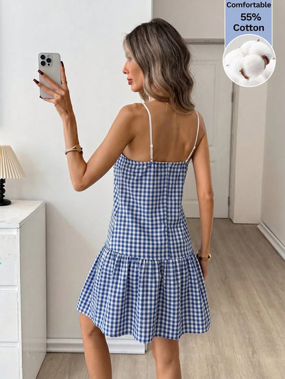 Easowa Women's Summer Casual Cute Plaid Spaghetti Strap Dress Cotton Is Comfortable Beach Vacation Back-To-School Blue And White Gingham