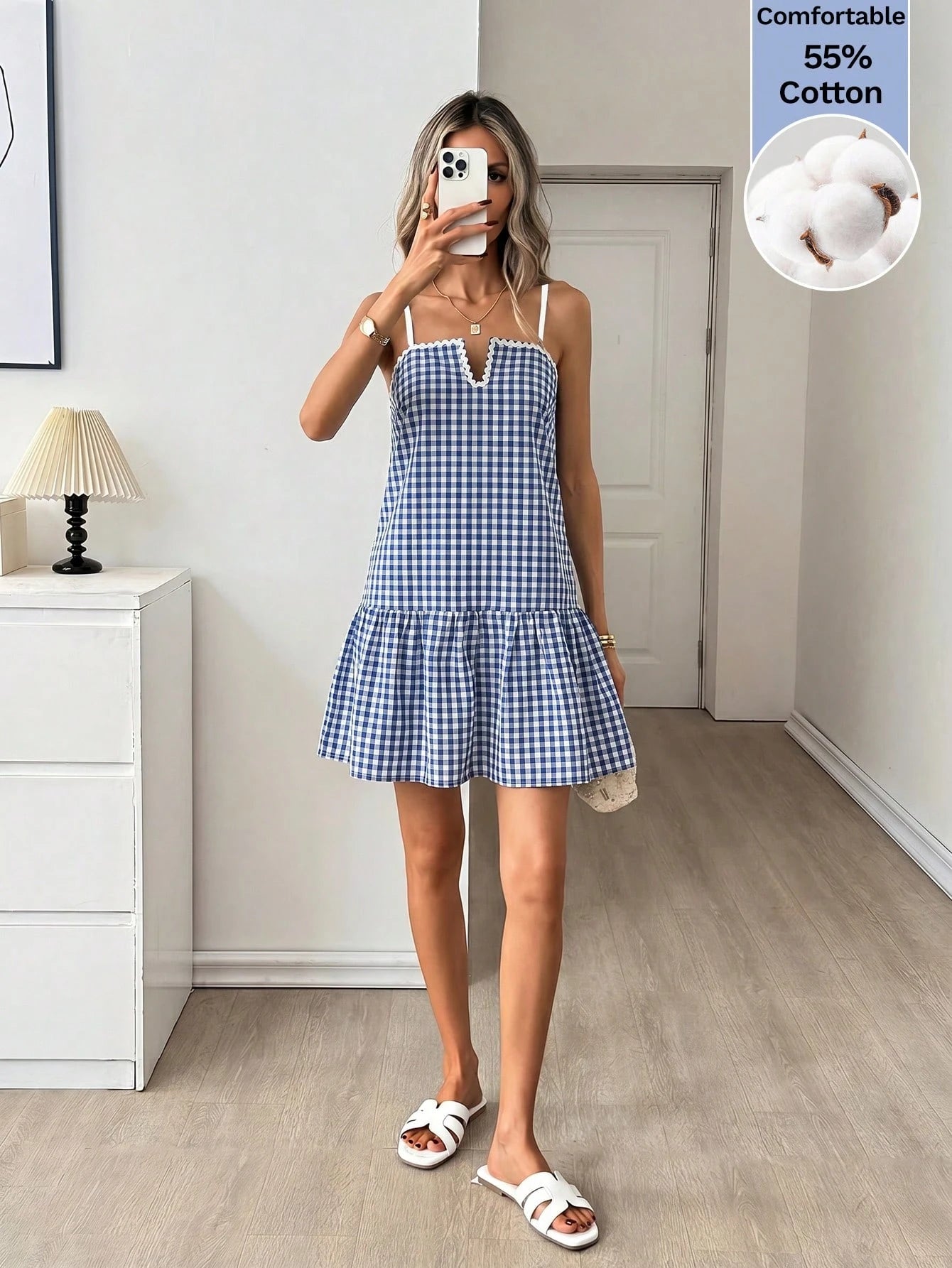 Easowa Women's Summer Casual Cute Plaid Spaghetti Strap Dress Cotton Is Comfortable Beach Vacation Back-To-School Blue And White Gingham