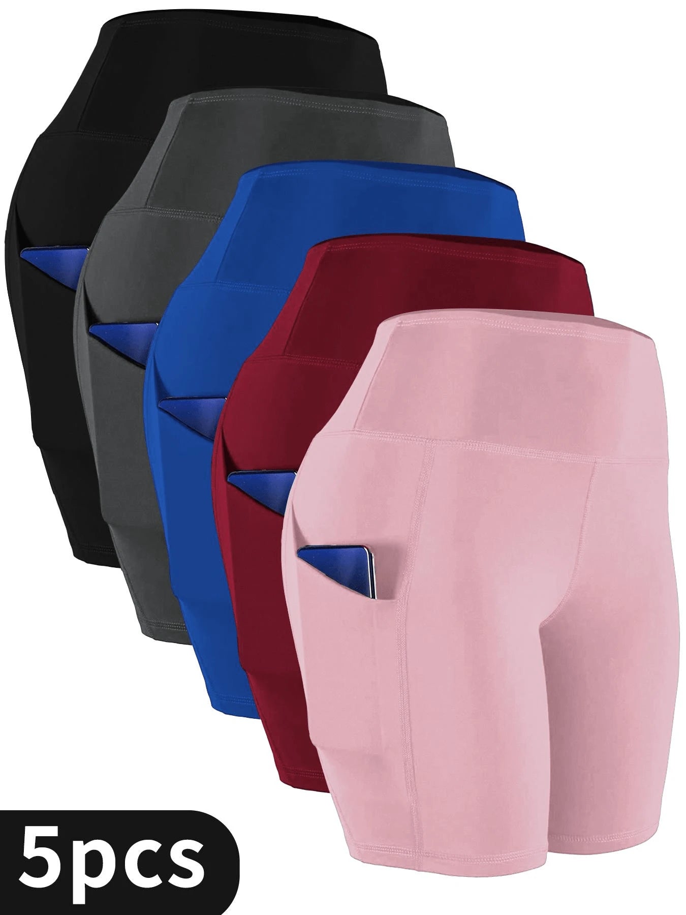 EBIOSVE 5Pcs High Waist Compression Yoga Shorts With Pockets, Tummy Control Bike Shorts, Soft Stretchy Athletic Shorts For Women Daily Fitness Running