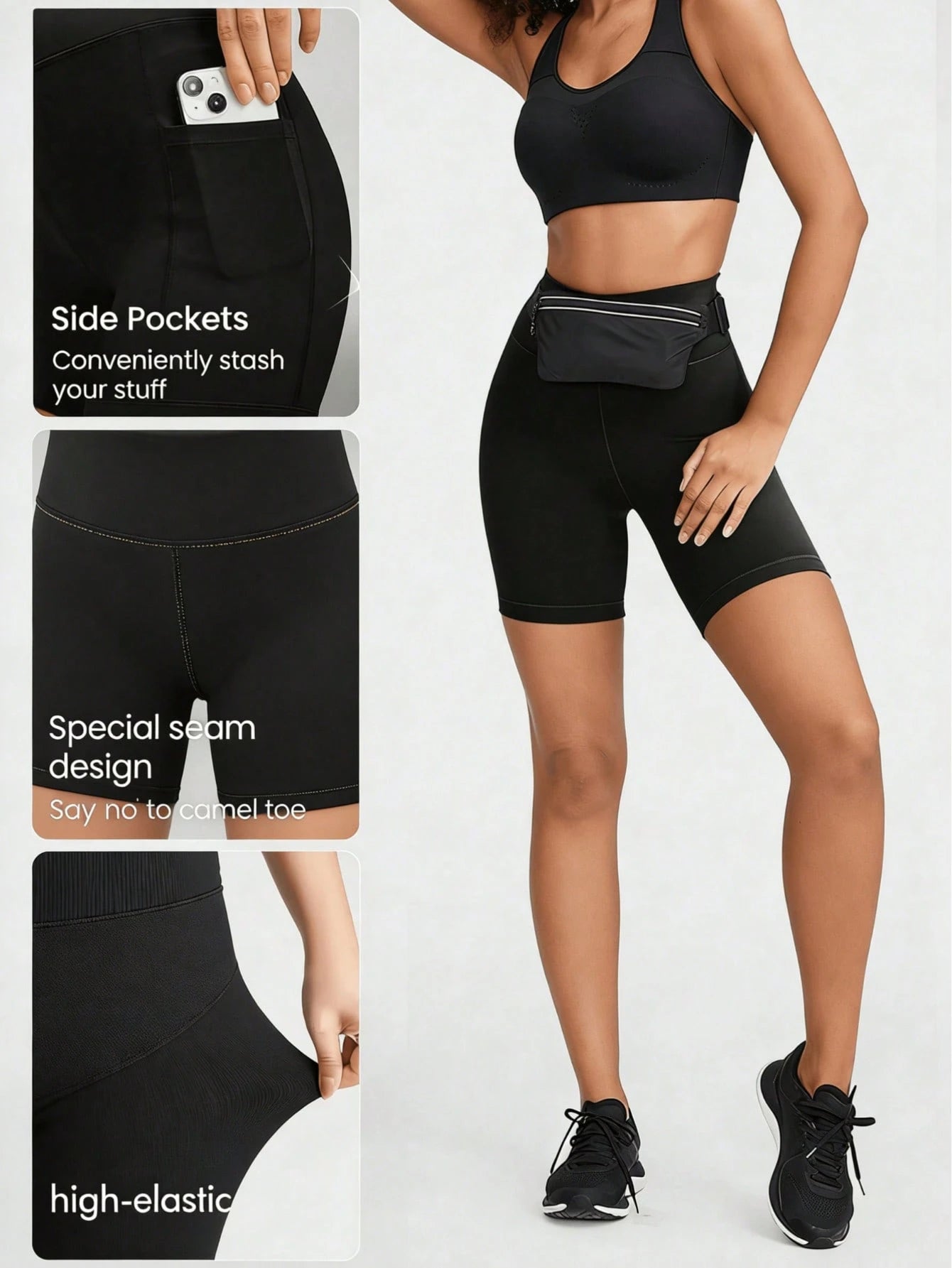 EBIOSVE 5Pcs High Waist Compression Yoga Shorts With Pockets, Tummy Control Bike Shorts, Soft Stretchy Athletic Shorts For Women Daily Fitness Running