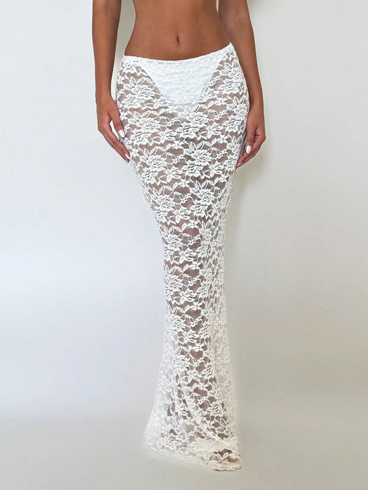 EgrlEra 1pc White Lace Beach Cover Up Mermaid Skirt Swimsuit For Women, Summer Vacation