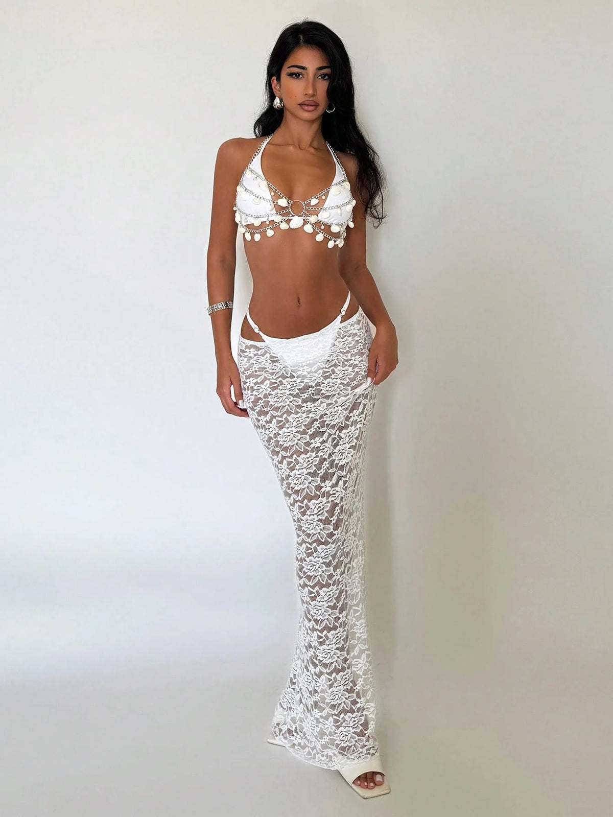 EgrlEra 1pc White Lace Beach Cover Up Mermaid Skirt Swimsuit For Women, Summer Vacation