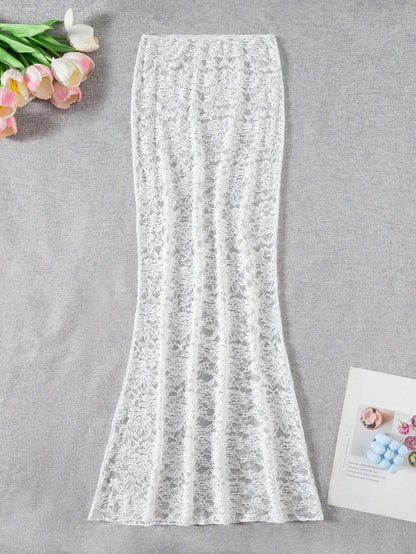 EgrlEra 1pc White Lace Beach Cover Up Mermaid Skirt Swimsuit For Women, Summer Vacation