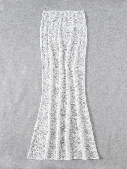 EgrlEra 1pc White Lace Beach Cover Up Mermaid Skirt Swimsuit For Women, Summer Vacation