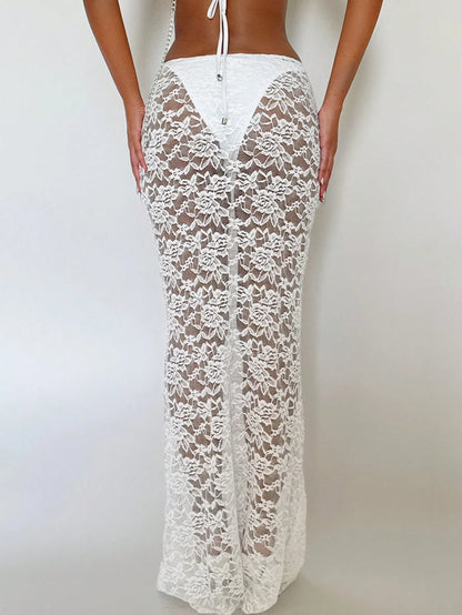 EgrlEra 1pc White Lace Beach Cover Up Mermaid Skirt Swimsuit For Women, Summer Vacation