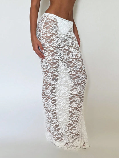 EgrlEra 1pc White Lace Beach Cover Up Mermaid Skirt Swimsuit For Women, Summer Vacation
