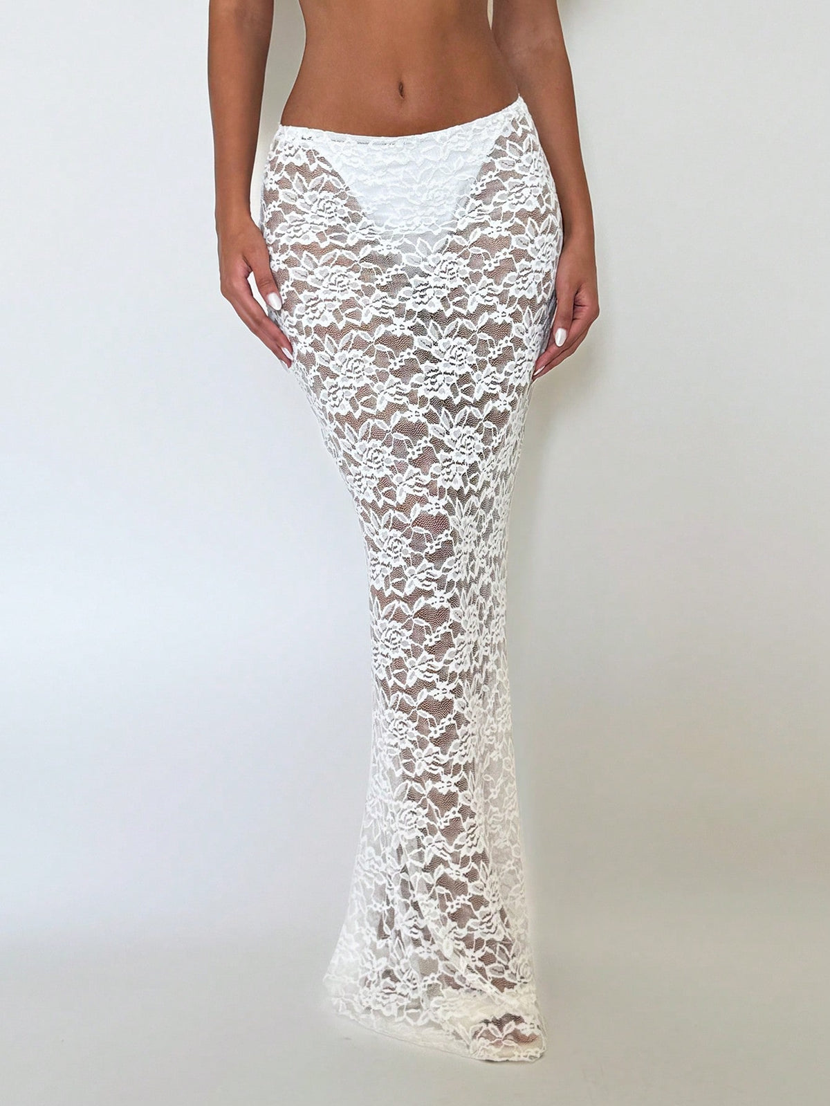 EgrlEra 1pc White Lace Beach Cover Up Mermaid Skirt Swimsuit For Women, Summer Vacation
