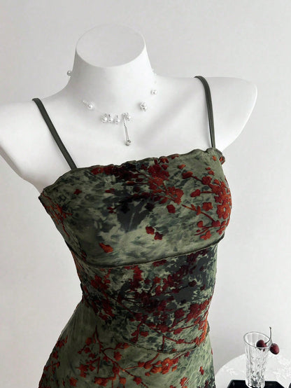 Elamini Flocked Retro Camisole Versatile Dress, Spring/Summer