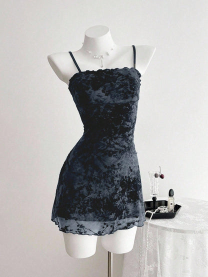Elamini Flocked Retro Camisole Versatile Dress, Spring/Summer