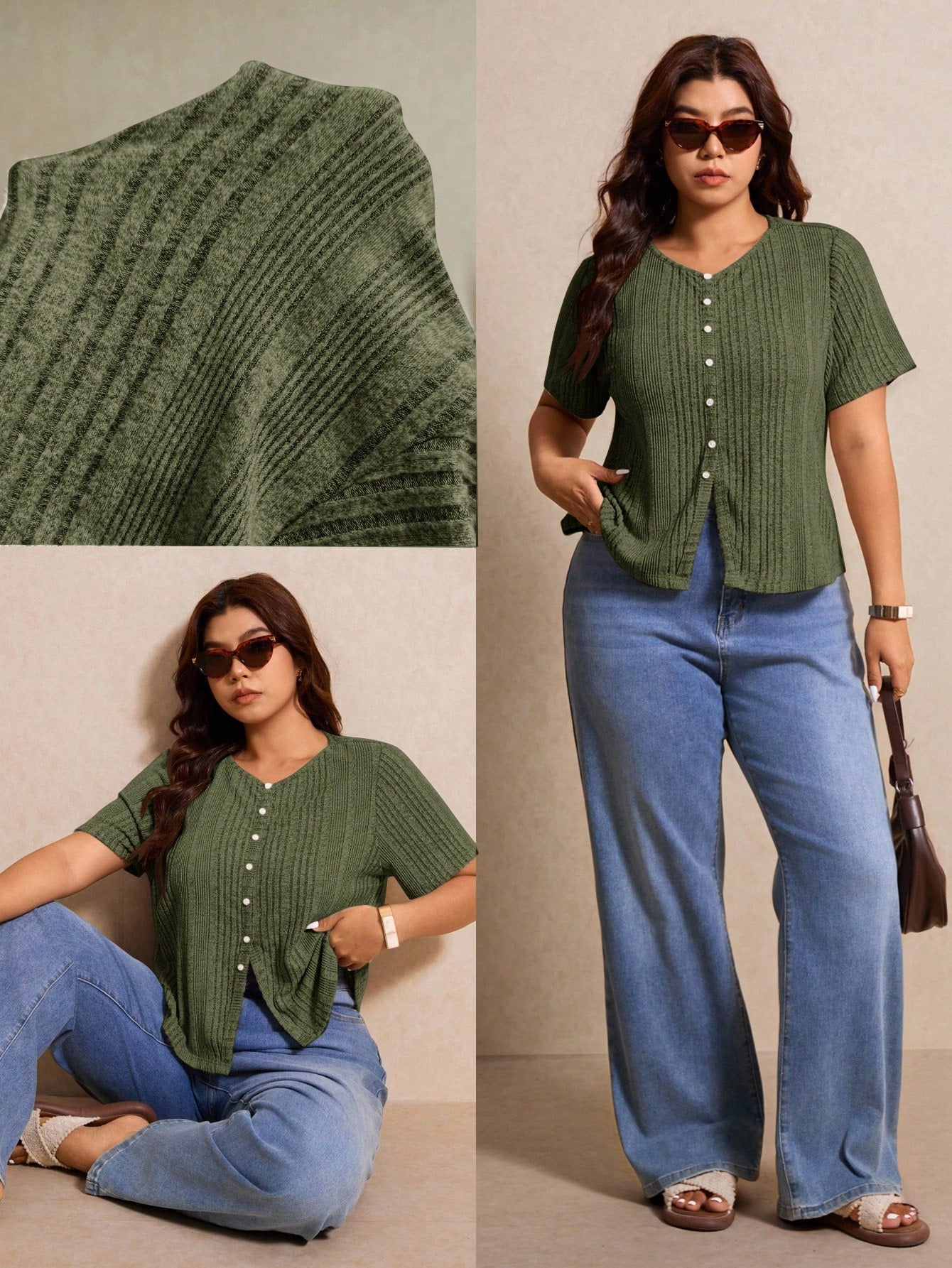 Elaquor Plus Size Women's Solid Color Single-Breasted Casual Versatile Daily Wear Short Sleeve T-Shirt