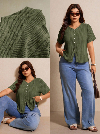 Elaquor Plus Size Women's Solid Color Single-Breasted Casual Versatile Daily Wear Short Sleeve T-Shirt