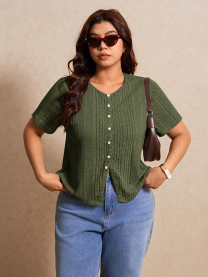 Elaquor Plus Size Women's Solid Color Single-Breasted Casual Versatile Daily Wear Short Sleeve T-Shirt