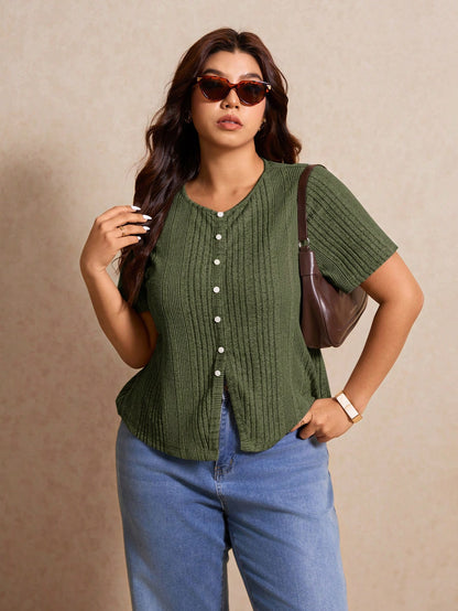 Elaquor Plus Size Women's Solid Color Single-Breasted Casual Versatile Daily Wear Short Sleeve T-Shirt