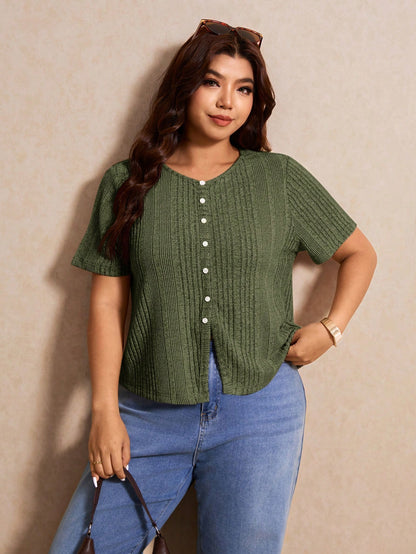 Elaquor Plus Size Women's Solid Color Single-Breasted Casual Versatile Daily Wear Short Sleeve T-Shirt