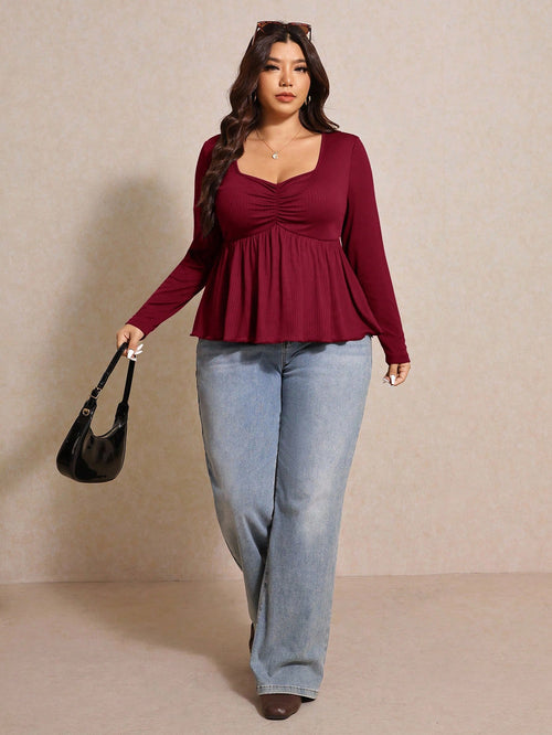 Elaquor Plus Size Women's Solid Color Sweetheart Neck Long Sleeve Ruched Casual T-Shirt Burgundy Spring Fall