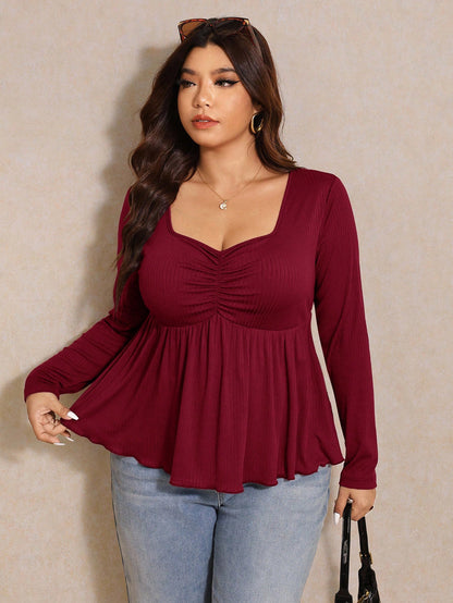 Elaquor Plus Size Women's Solid Color Sweetheart Neck Long Sleeve Ruched Casual T-Shirt Burgundy Spring Fall