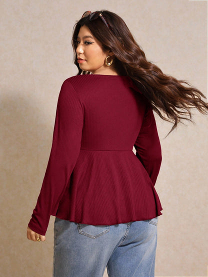Elaquor Plus Size Women's Solid Color Sweetheart Neck Long Sleeve Ruched Casual T-Shirt Burgundy Spring Fall