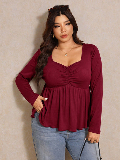 Elaquor Plus Size Women's Solid Color Sweetheart Neck Long Sleeve Ruched Casual T-Shirt Burgundy Spring Fall