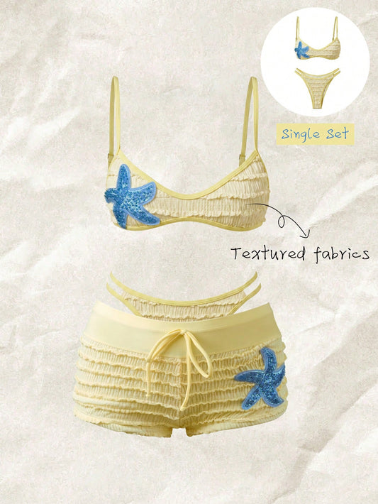 Elavelle Women's Spring/Summer Jacquard Fabric Spaghetti Strap Bikini Set