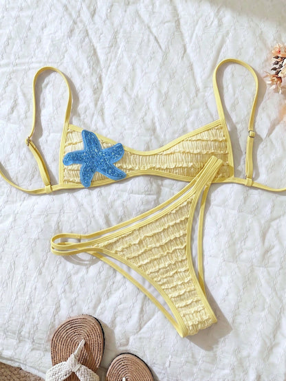 Elavelle Women's Spring/Summer Jacquard Fabric Spaghetti Strap Bikini Set