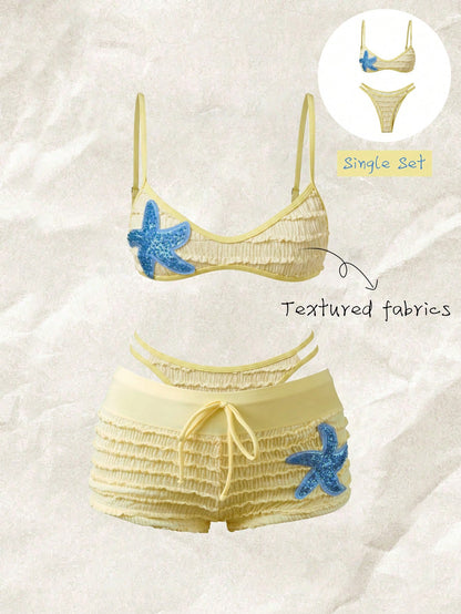 Elavelle Women's Spring/Summer Jacquard Fabric Spaghetti Strap Bikini Set