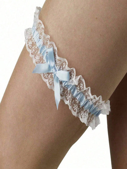 Elegant Lace Elastic Garter Belt With Bow- Bridal Thigh Chain, Blue Mesh Ribbon Leg Garter With Bow, Personalized Lace Bow Elastic Thigh Ring, Sweet & Sexy Style, Summer
