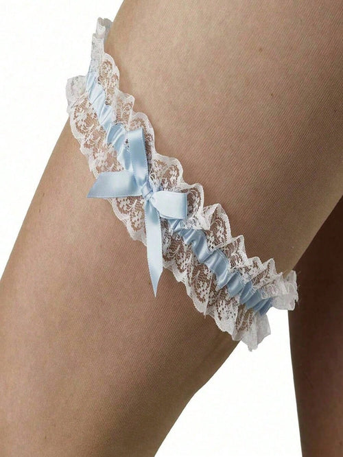 Elegant Lace Elastic Garter Belt With Bow- Bridal Thigh Chain, Blue Mesh Ribbon Leg Garter With Bow, Personalized Lace Bow Elastic Thigh Ring, Sweet & Sexy Style, Summer